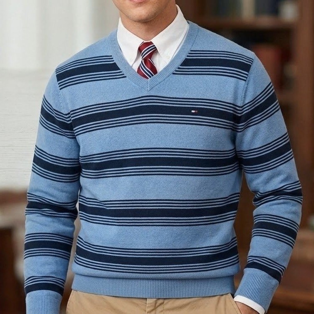 Tommy Hilfiger V-Neck Sweater Mens Large Blue Striped Cotton Pullover Preppy